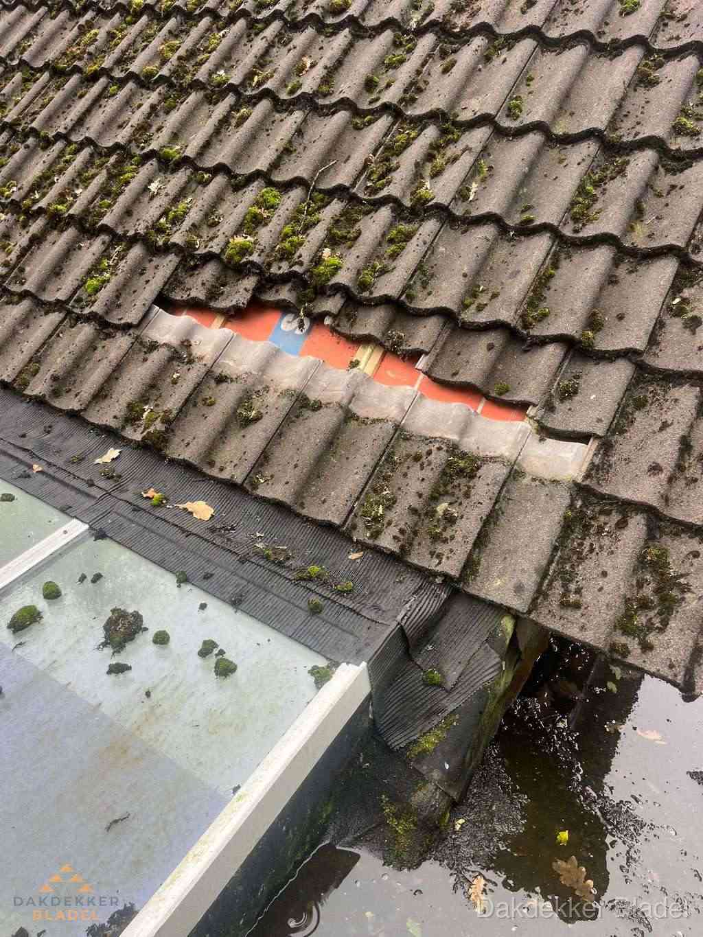 Beschadigd pannendak met ontbrekende dakpannen voor reparatie in Bladel